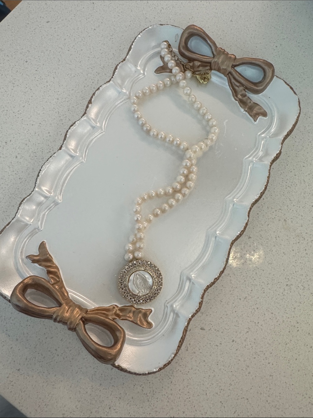 5/22 Pearl Necklace with Silver Religious Medallion Pendant
